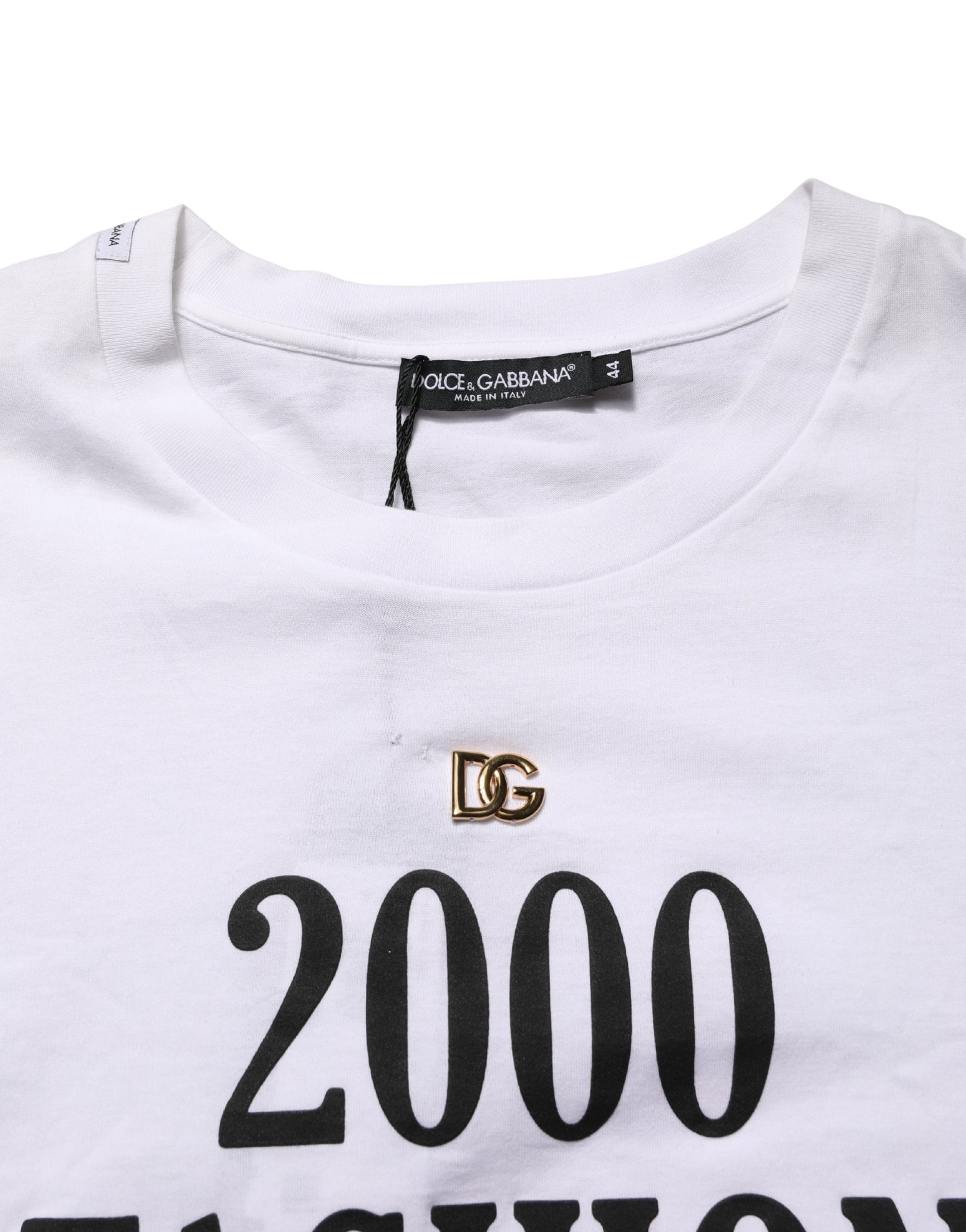White t-shirt with black lettering and a gold D&G logo on the left chest area
