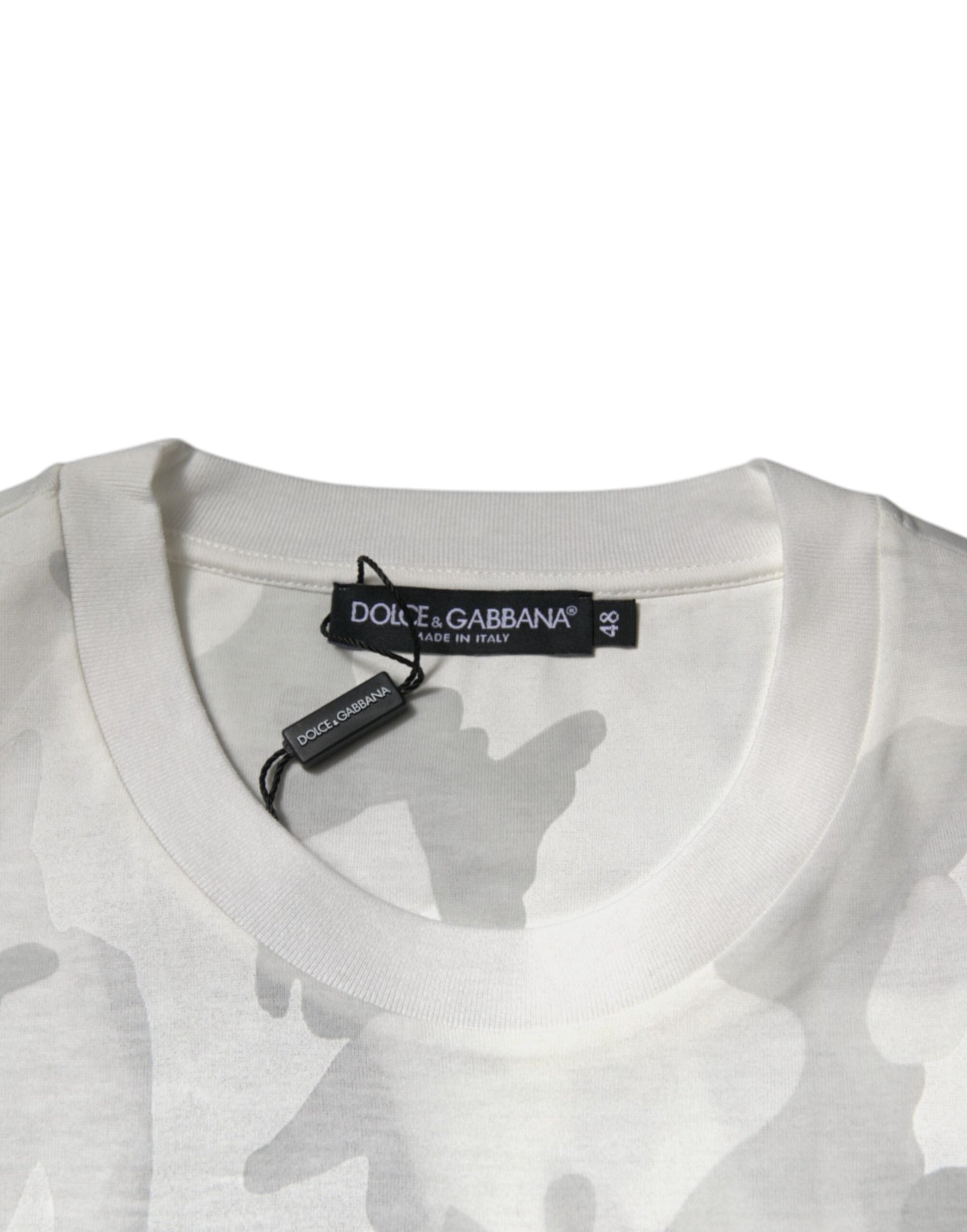 White t-shirt with camouflage pattern on front