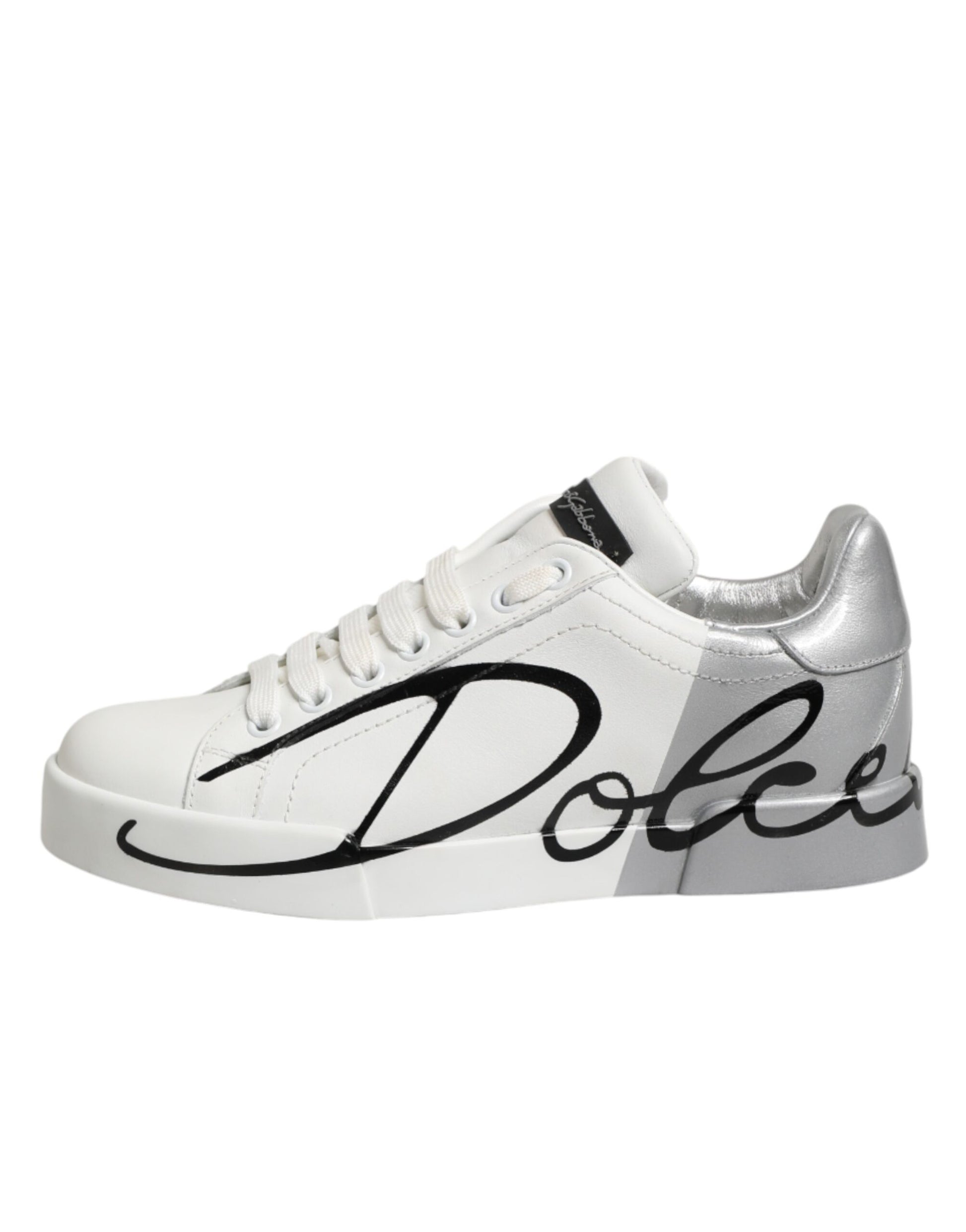 A pair of white and gray leather sneakers with a low top, featuring the Dolce & Gabbana logo