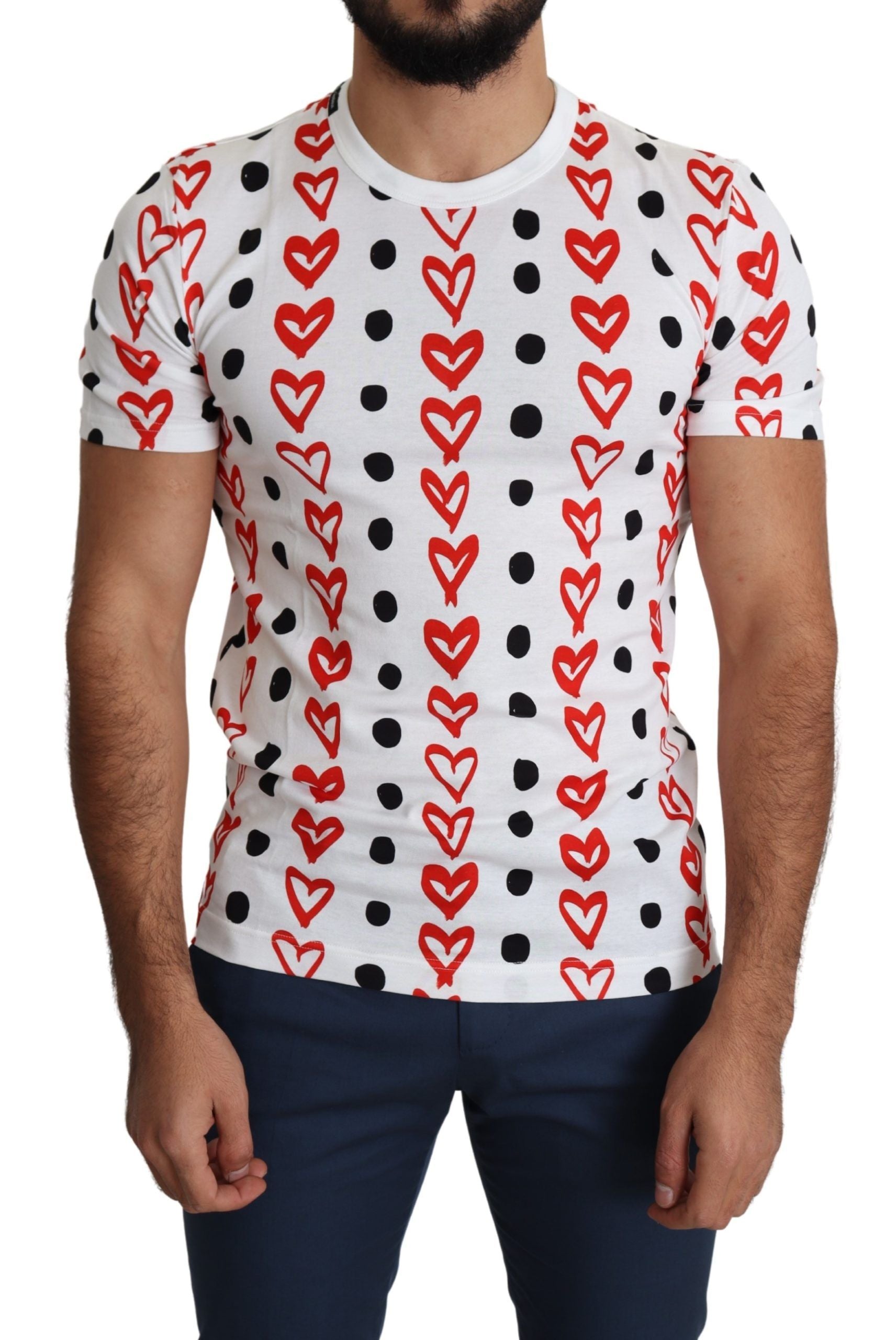 Red and white graphic t-shirt with heart pattern