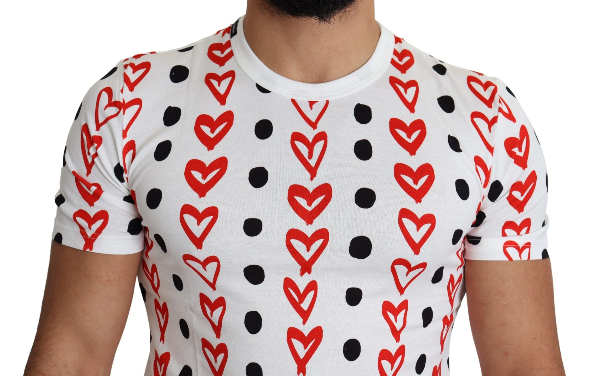 White t-shirt with red hearts and black dots
