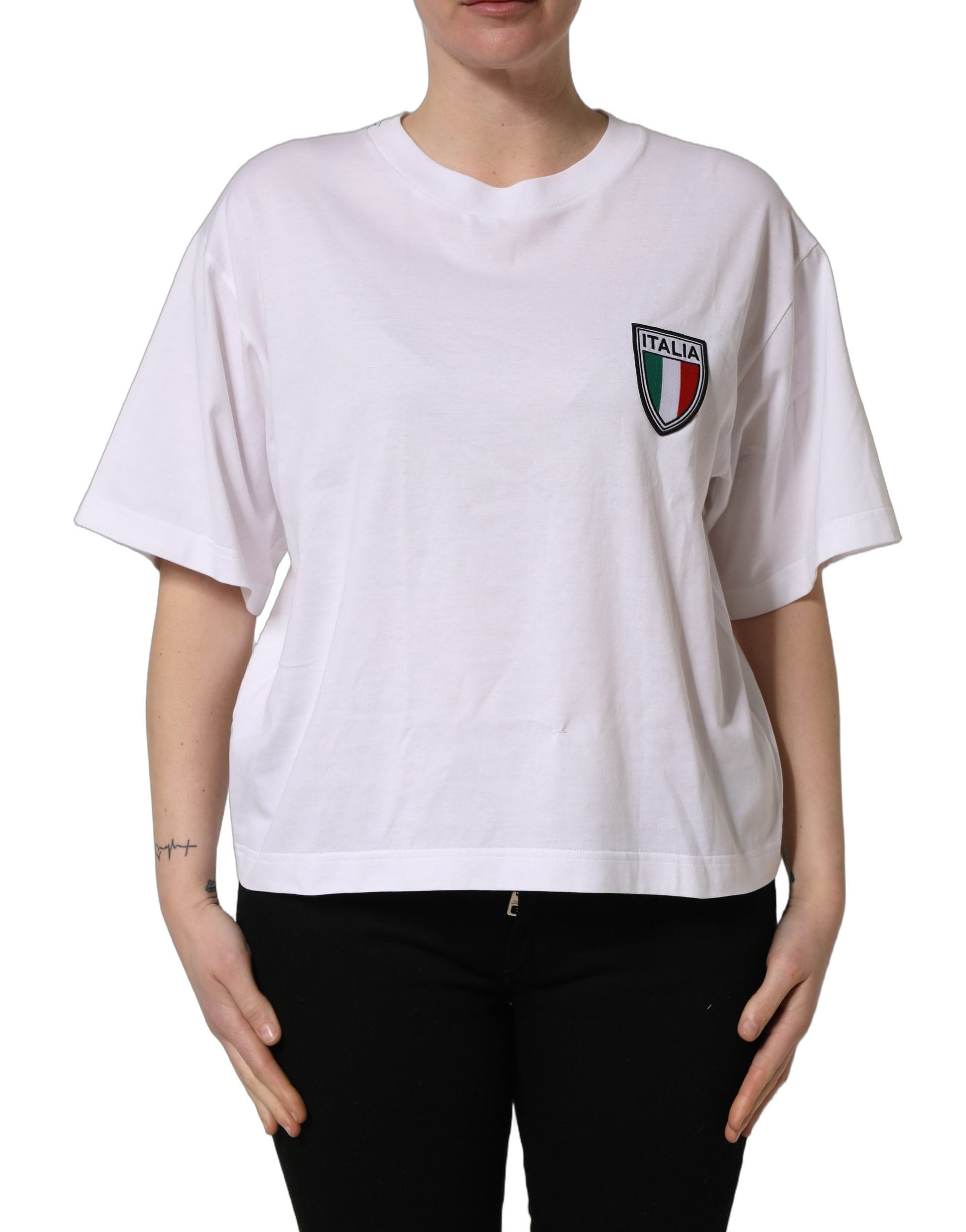 A white t-shirt with a round neck, featuring an Italia flag patch on the left chest