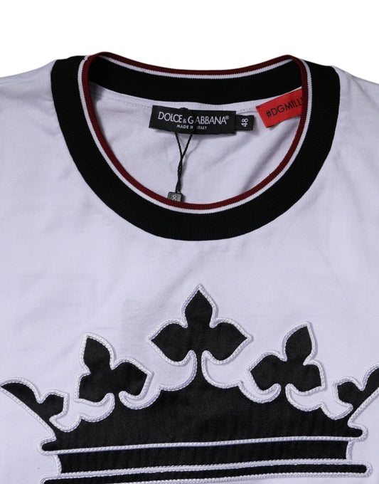 White long sleeve shirt with black collar and crown embroidery on front