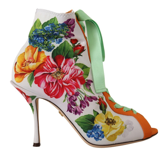 Decorative high heel boot with floral pattern and lace detailing