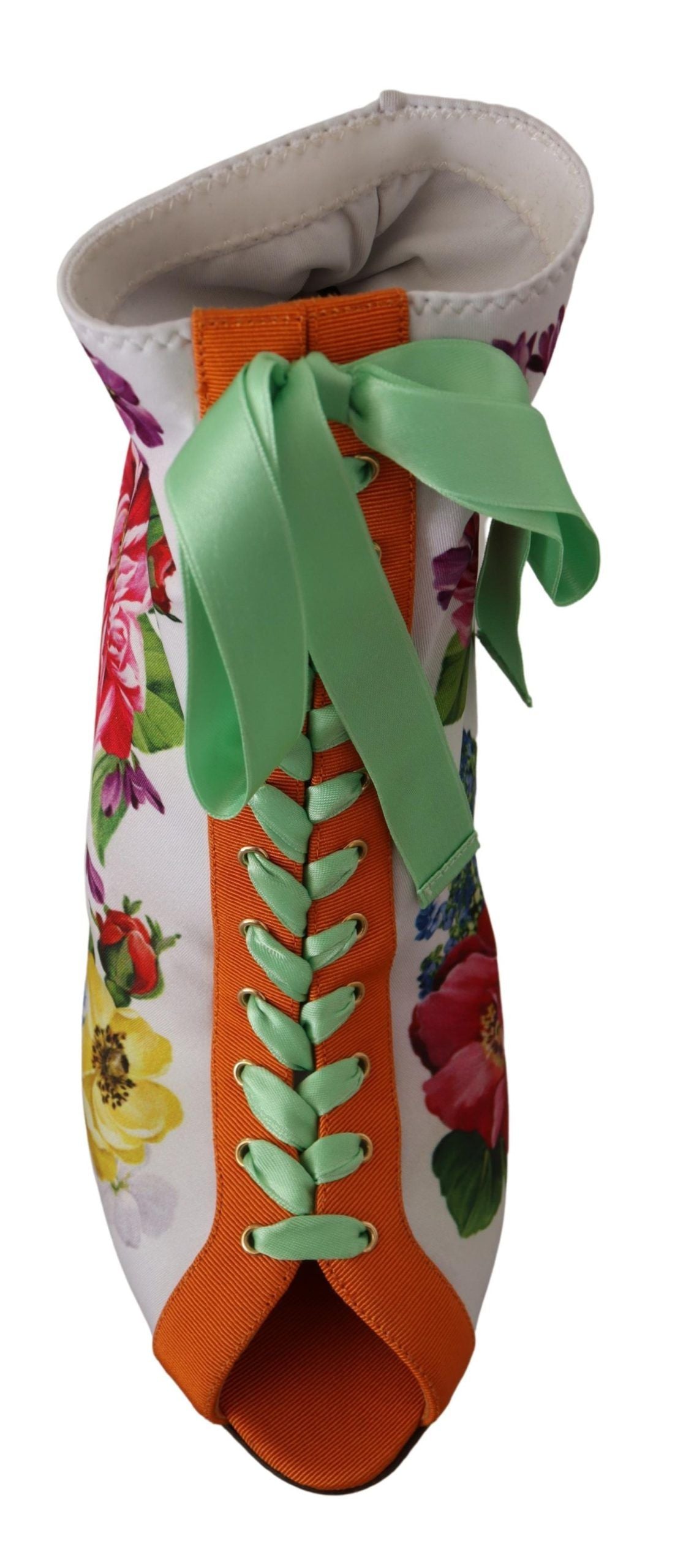 Colorful boot with floral pattern and green laces