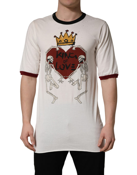A white t-shirt with a graphic print of skeletons and a heart