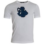 White t-shirt with blue design on front