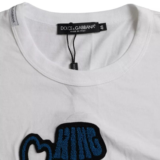 White t-shirt with blue embroidery on front