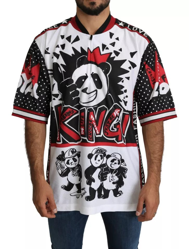 Man wearing a colorful jersey with panda bear designs