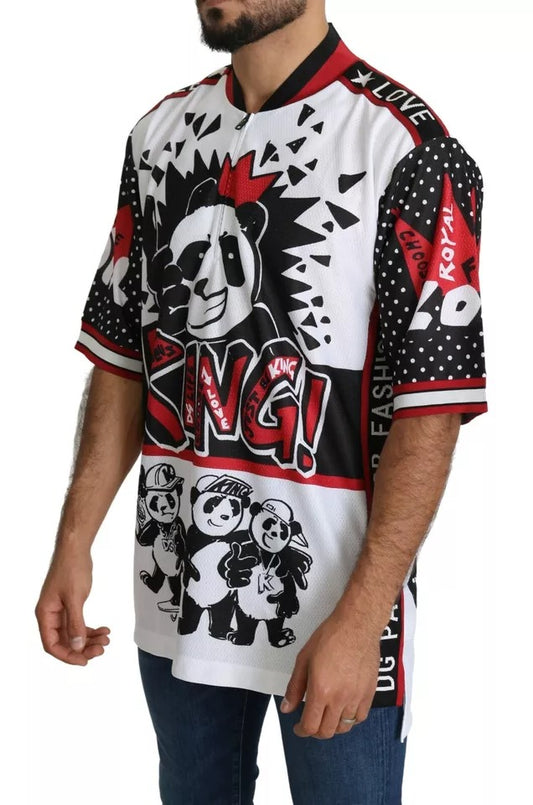 Man wearing a colorful jersey with cartoon characters