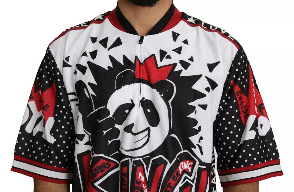 The jersey is black, white, red, and features a panda design