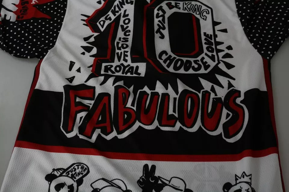 Black and white jersey with graphic design on front