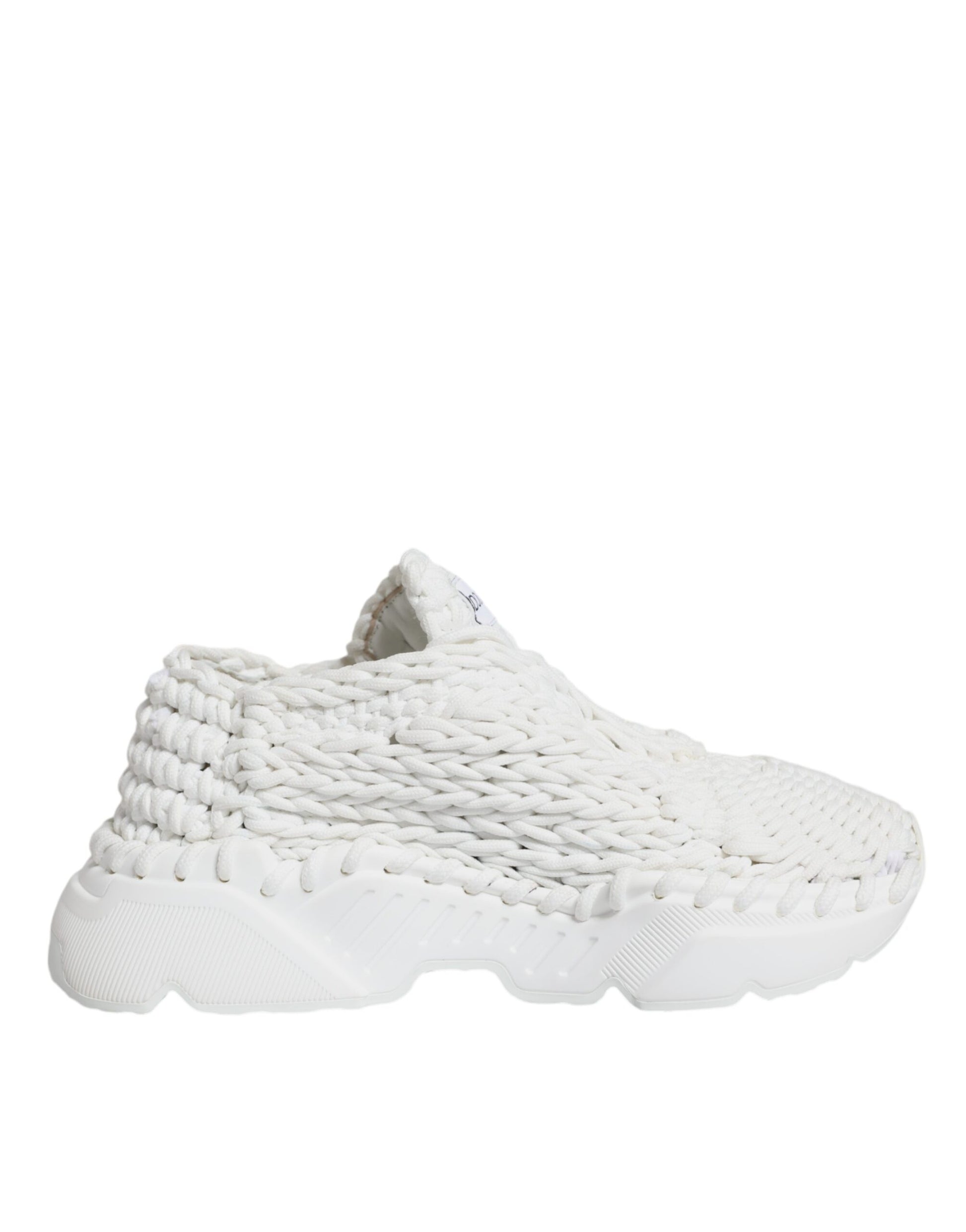 White knit sneakers with textured pattern, featuring a chunky sole and laces