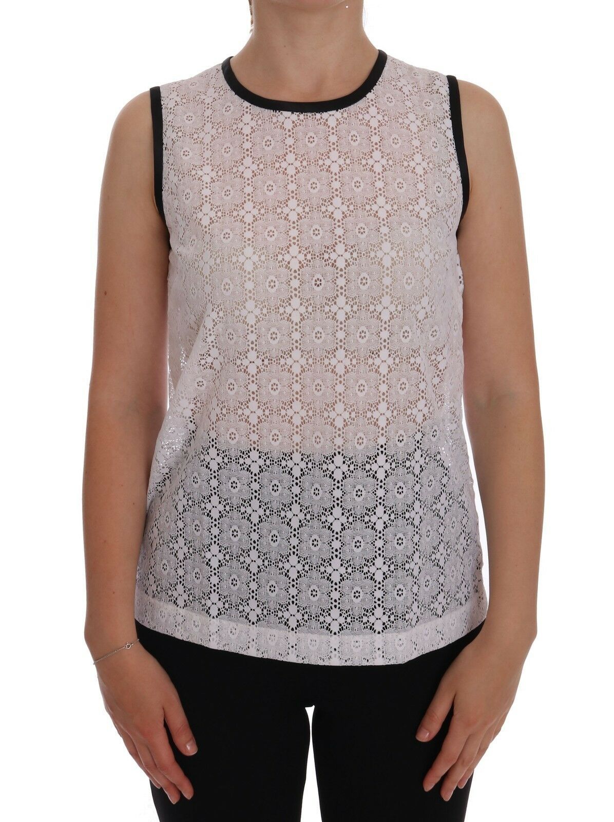 White lace vest with black trim