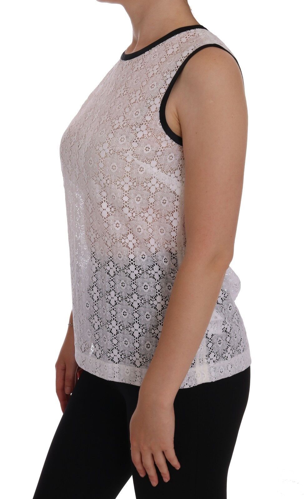 White lace tank top with black trim