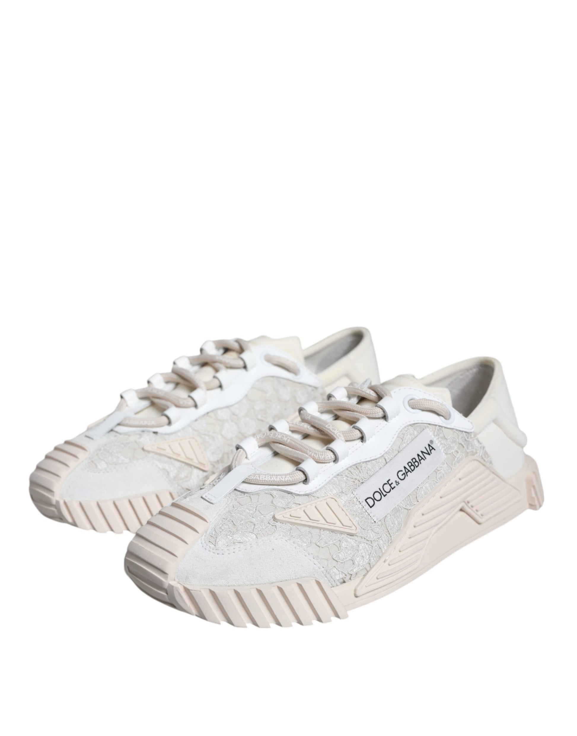 A pair of white lace-up sneakers with a glittery texture, featuring the brand name "Dolce & Gabbana" on the side