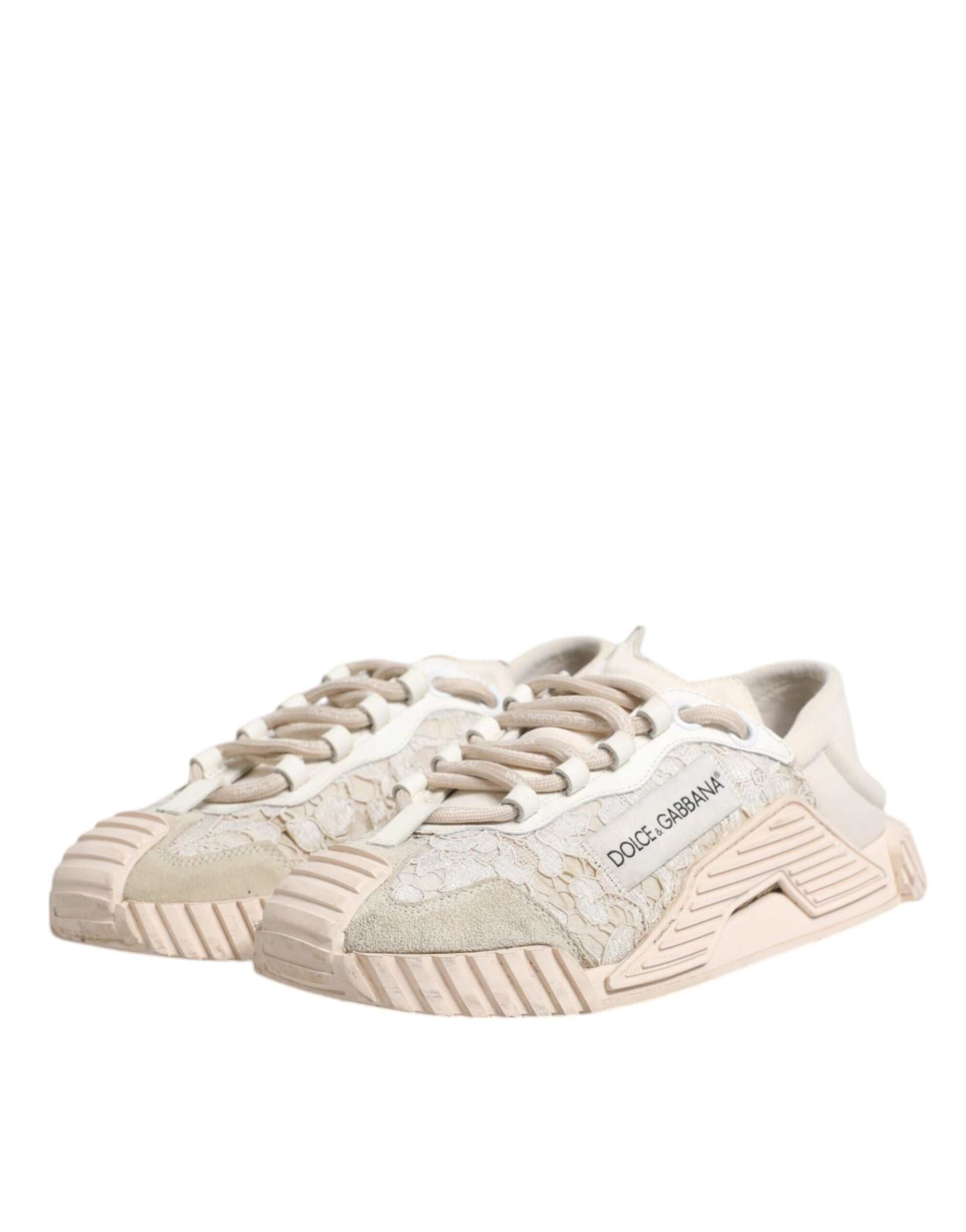 Pink and white lace-up sneakers with a textured upper, featuring the Dolce & Gabbana logo