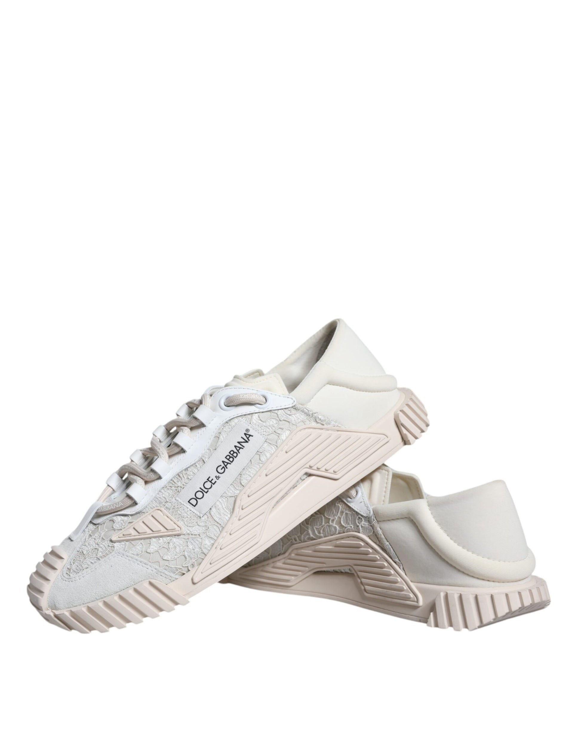 Pair of white lace-up sneakers with a glittery texture, featuring the Dolce & Gabbana logo