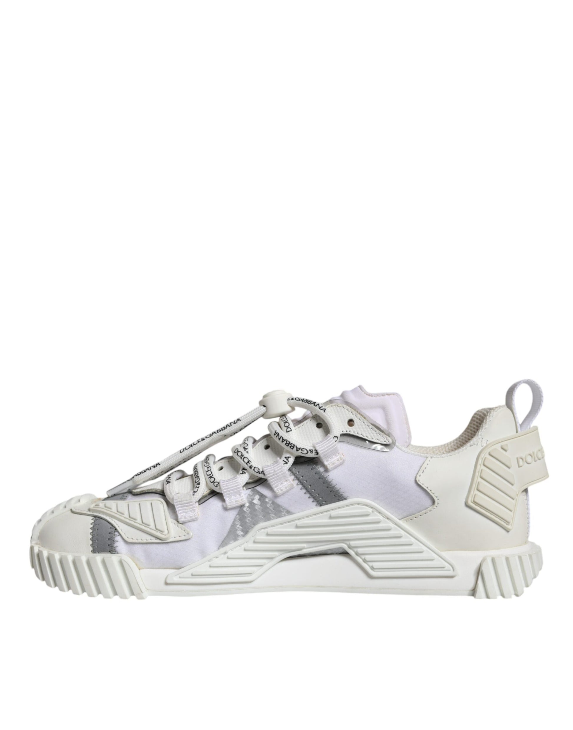 Pair of white lace-up sneakers with low top, featuring a design that includes laces and a patterned texture on the side