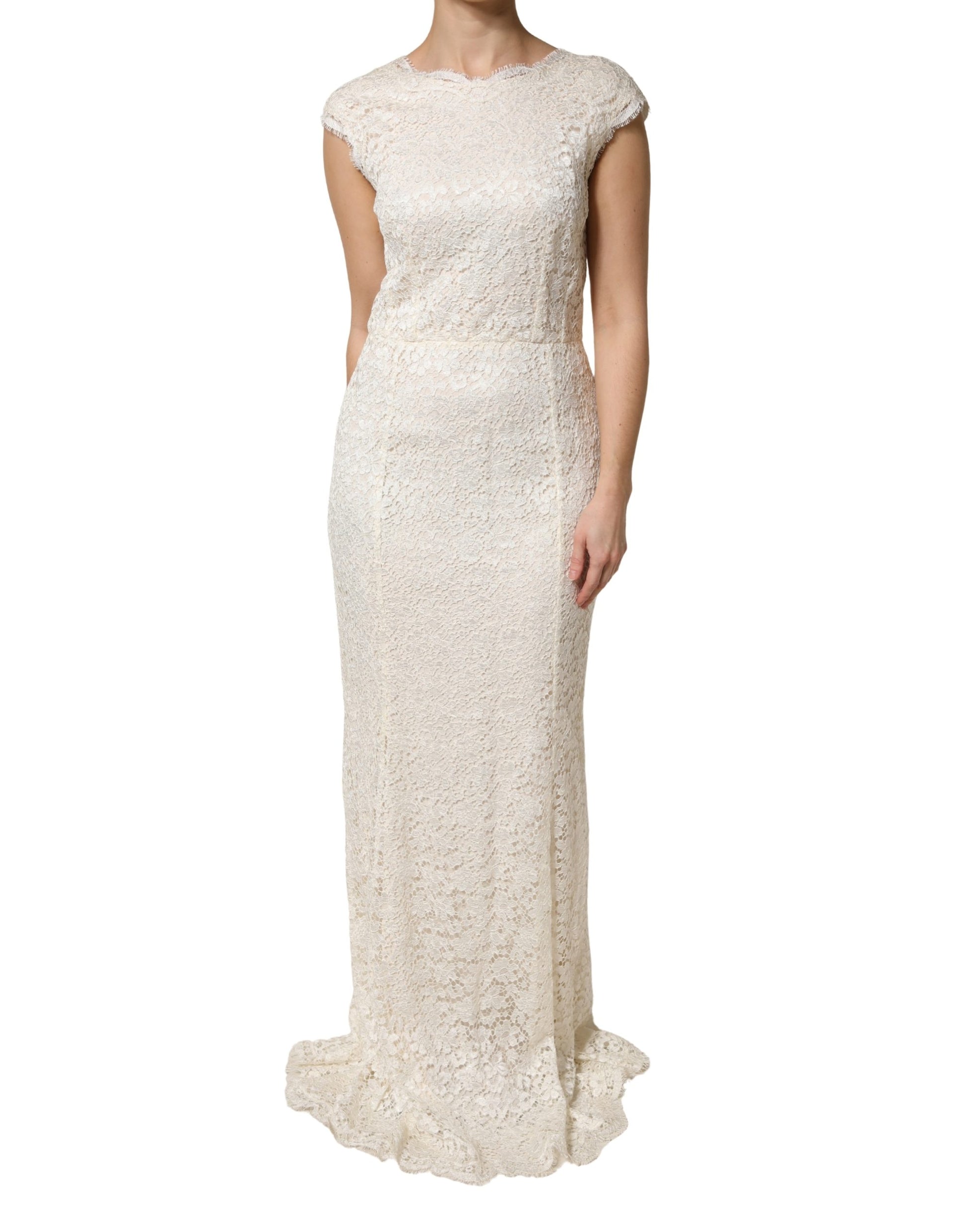 A white lace viscose sheath long gown dress with a fitted bodice and flared skirt