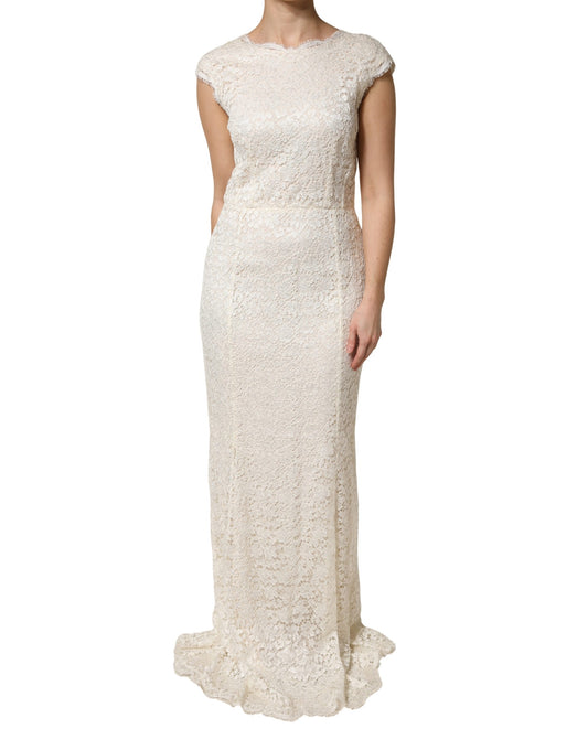 A white lace viscose sheath long gown dress with a fitted bodice and flared skirt