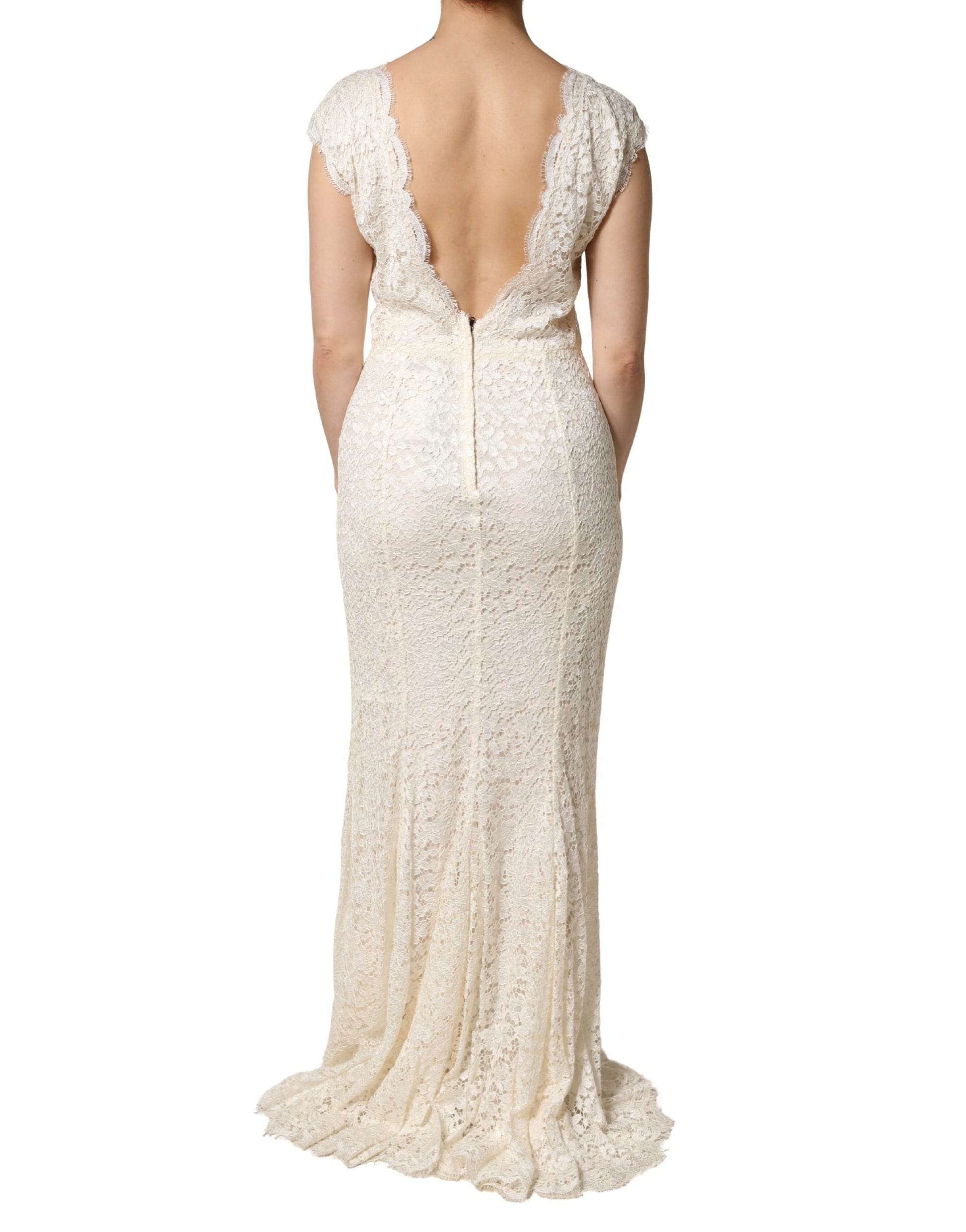 A white lace viscose sheath long gown dress with a backless design