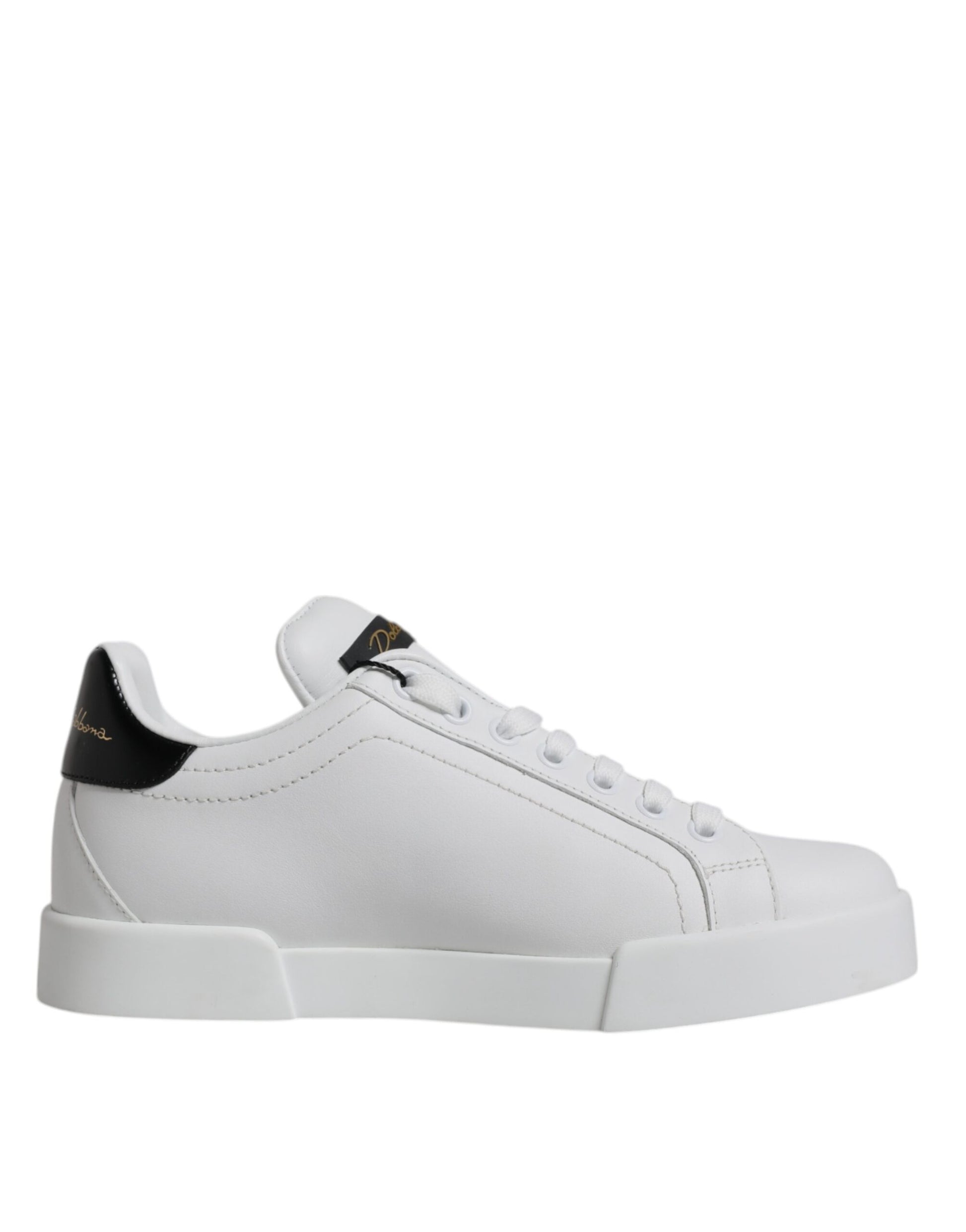 White sneaker with black laces and logo on side