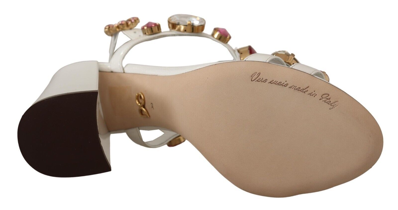 Pair of women's open toe sandals with embellishments and a message on the footbed