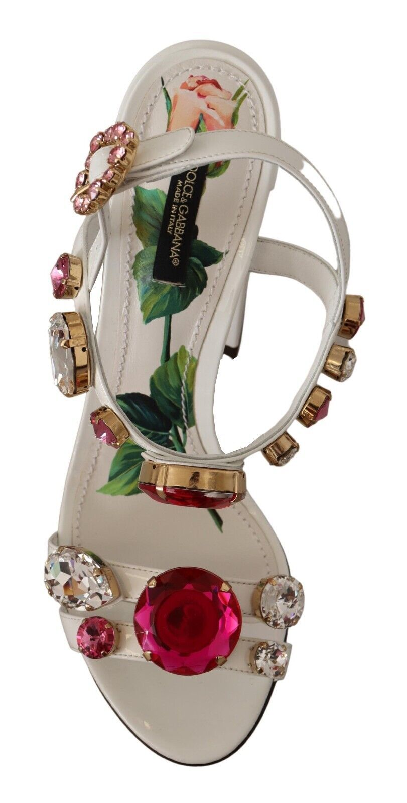 Decorative sandal with floral print and red stones