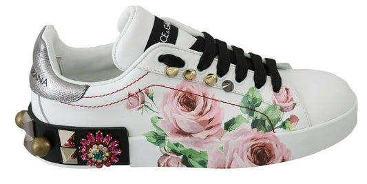 White sneaker with floral print and gold accents