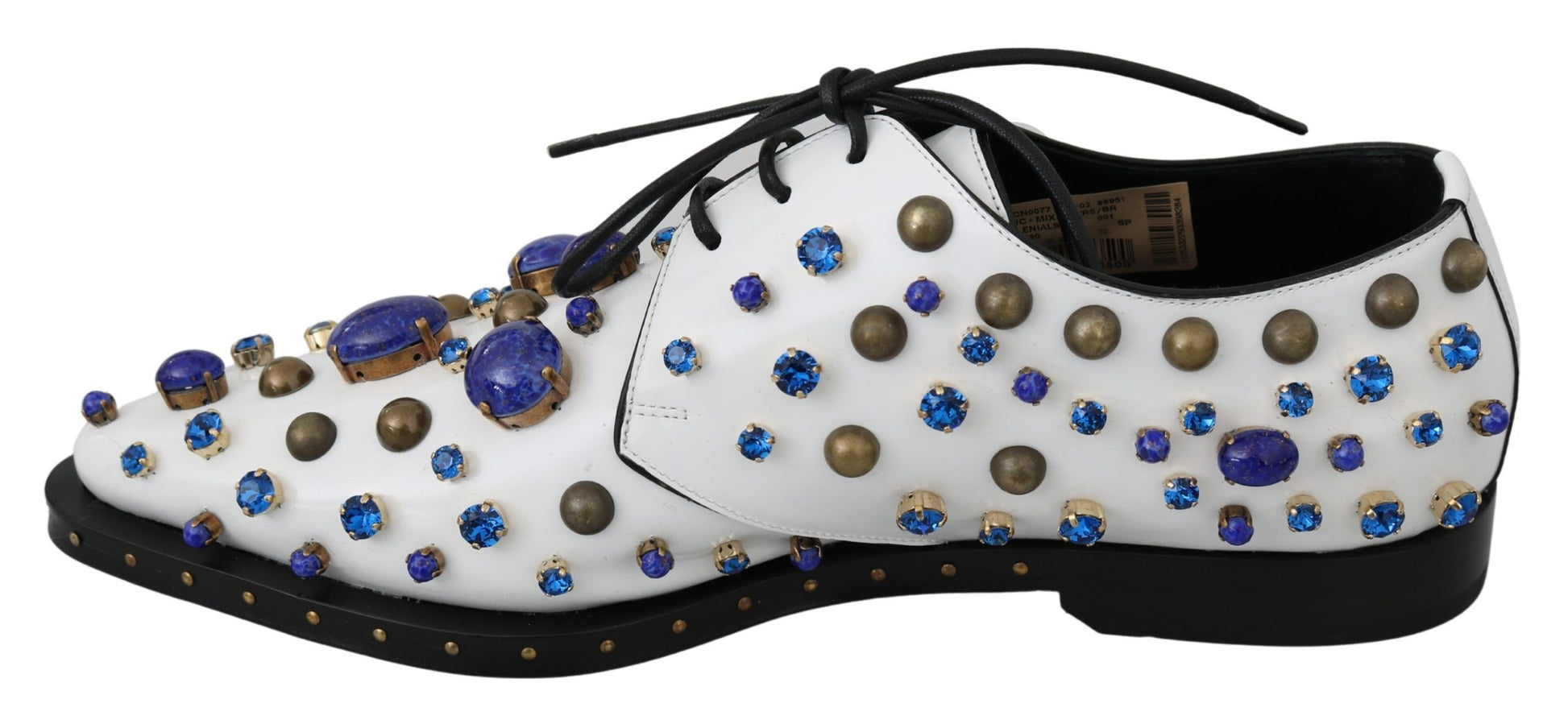 White shoes with blue and gold jewels on top