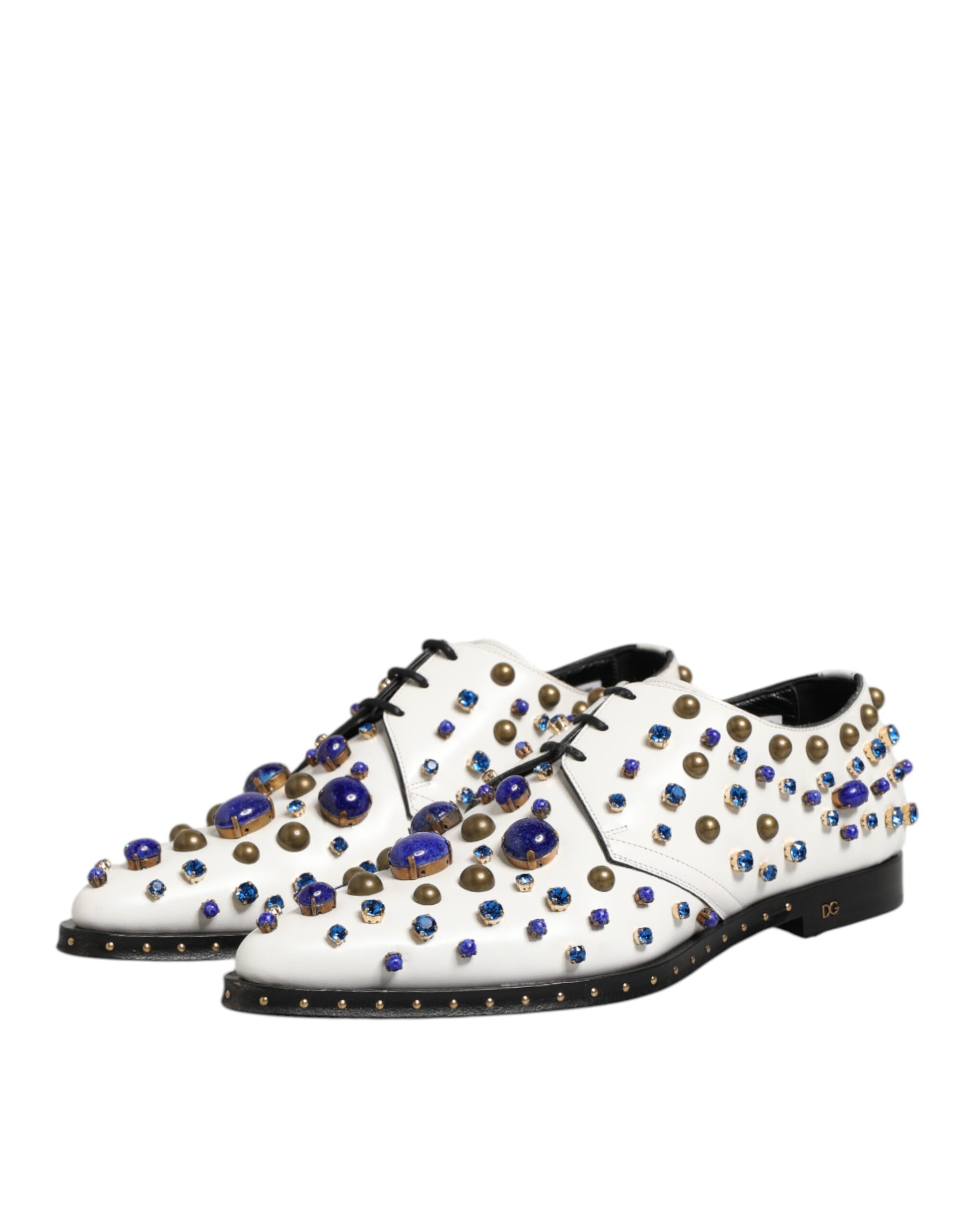 Pair of white leather dress shoes with crystal embellishments and gold studs