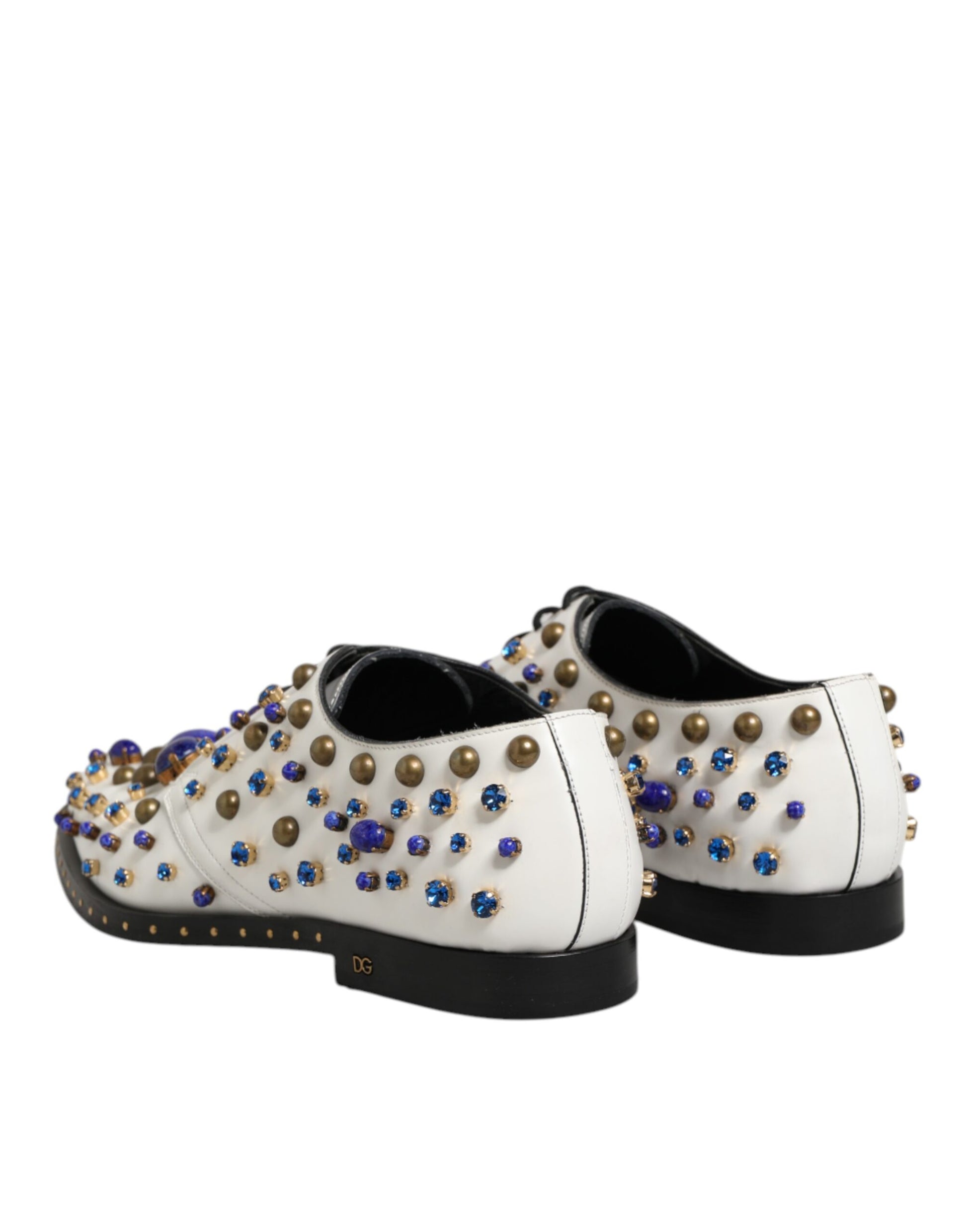 Pair of white leather dress shoes with crystal embellishments and black soles