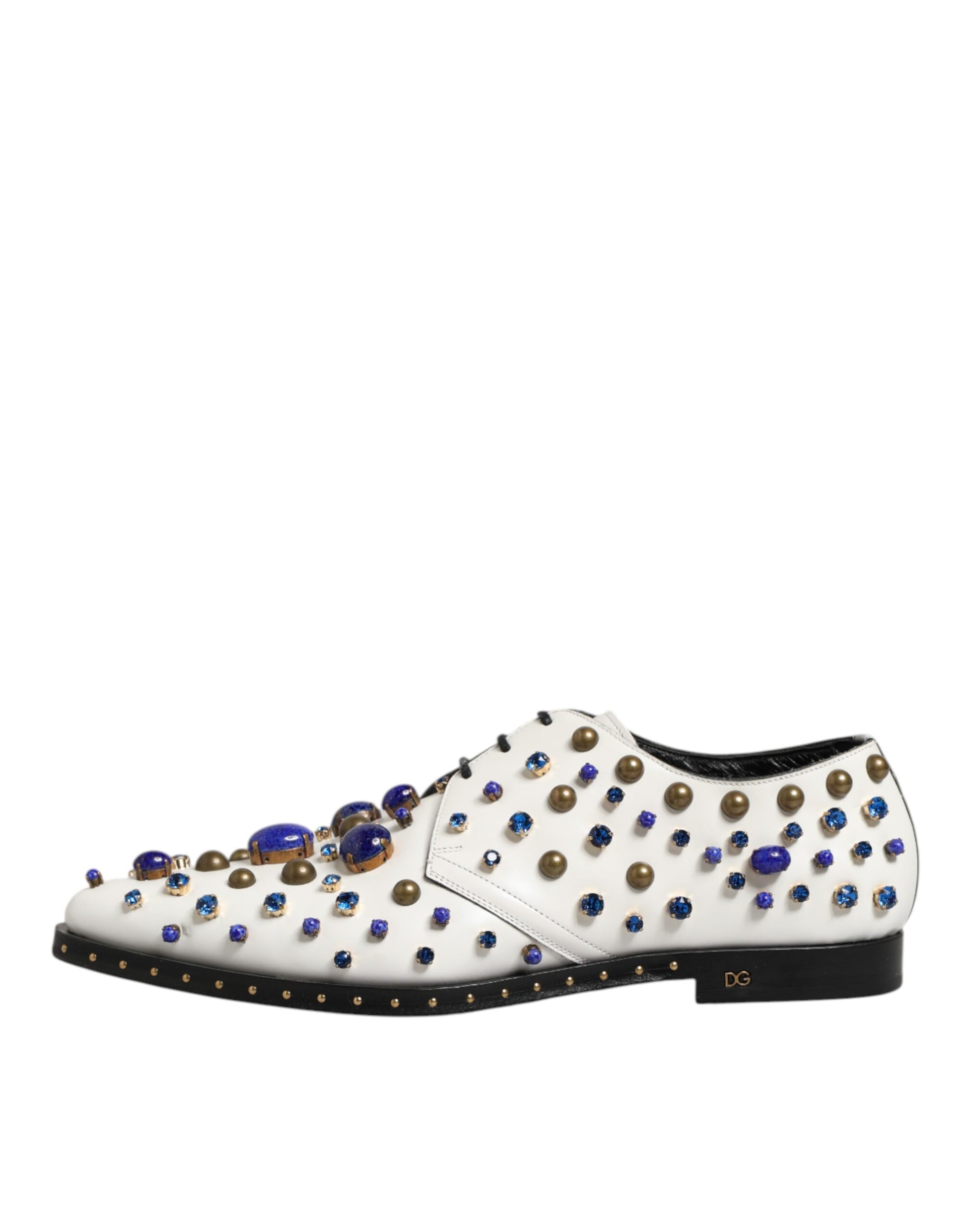 White leather dress shoes with crystal embellishments and gold studs