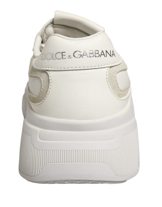 White leather sneakers with logo on side, low top, laces up front
