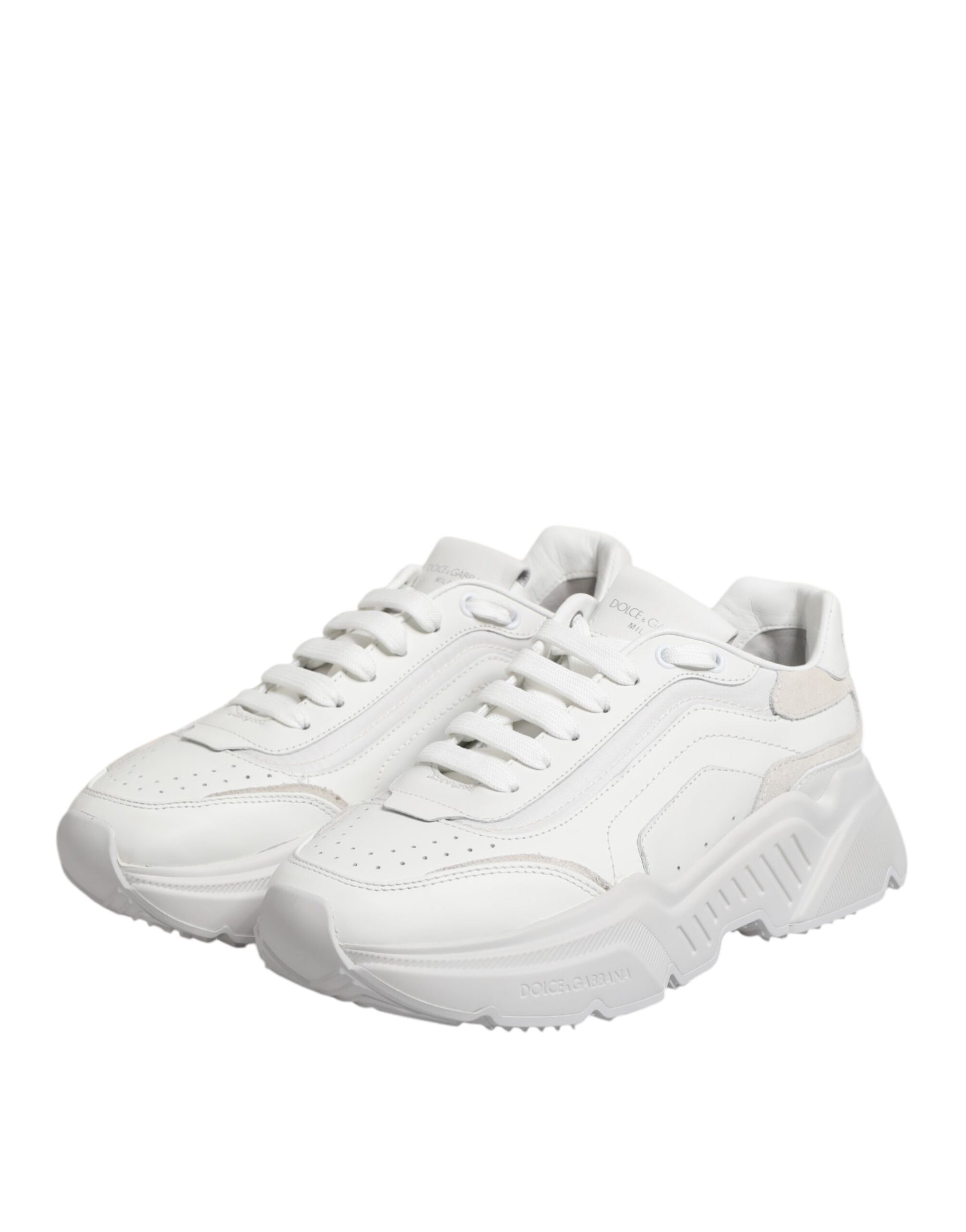 White leather sneakers with laces, featuring a low top and a logo on the side