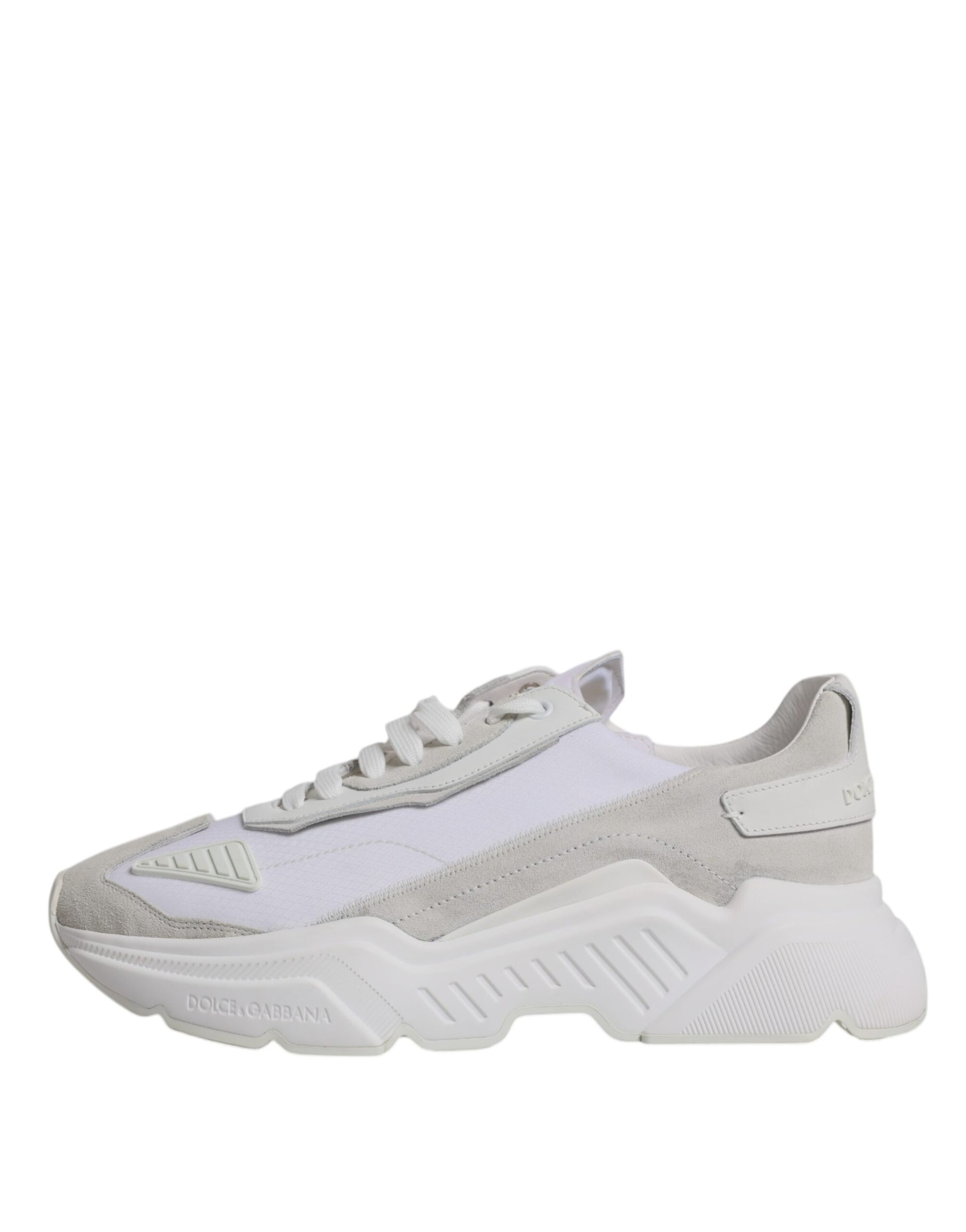 A pair of white leather sneakers with a low top, featuring the Dolce & Gabbana logo