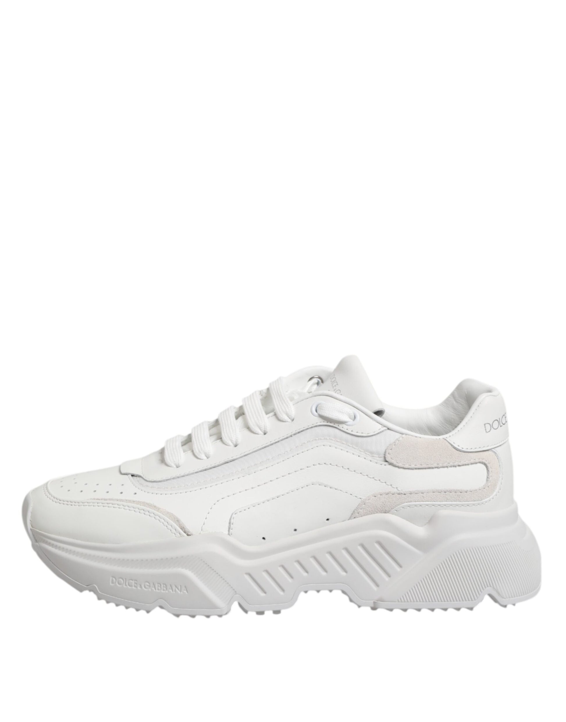 White leather sneakers with laces, featuring a low top and a chunky sole