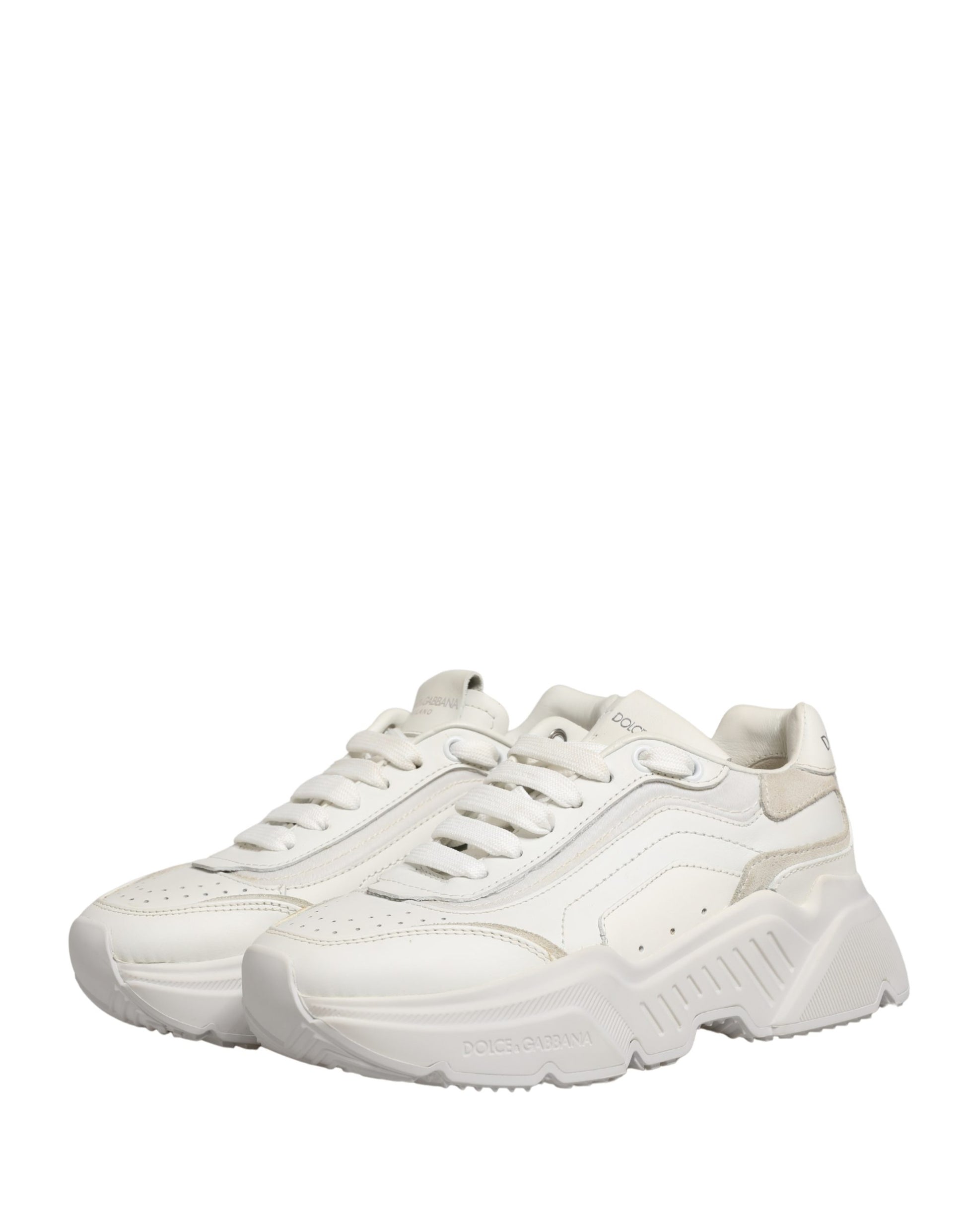 White leather sneakers with laces, featuring a low top design and a logo on the side