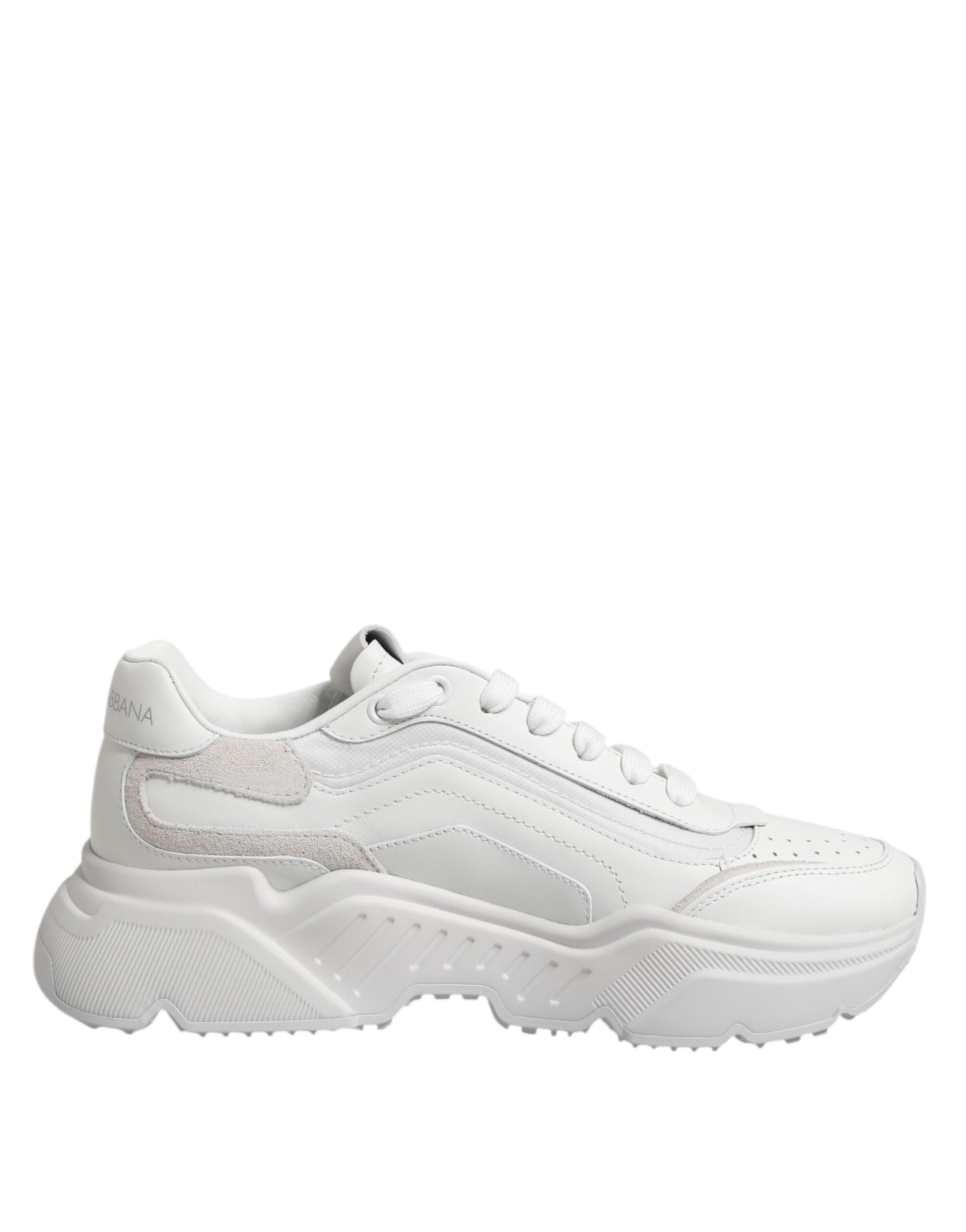White leather sneakers with laces, featuring a low top and a chunky sole