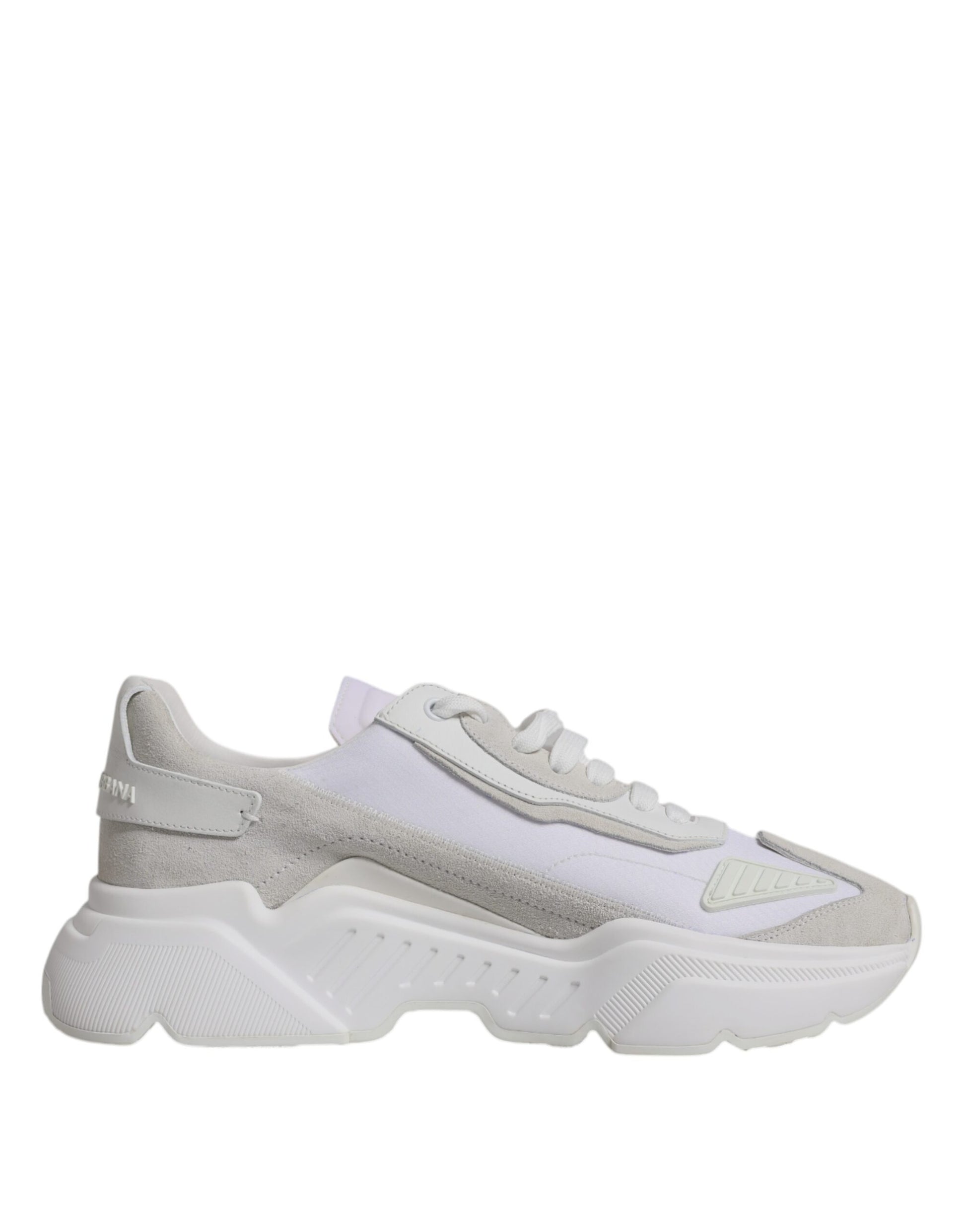 A pair of white leather sneakers with a low top, featuring the Dolce & Gabbana logo