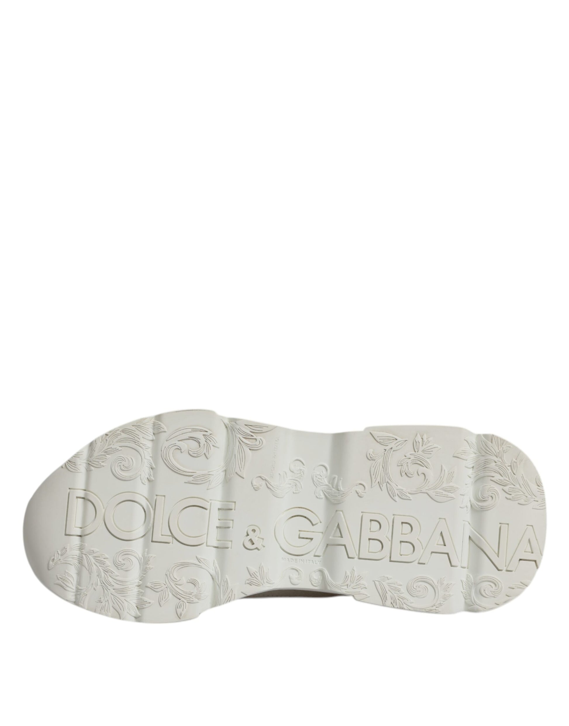 A white leather shoe with a low top, featuring the brand name "Dolce & Gabbana" on the side