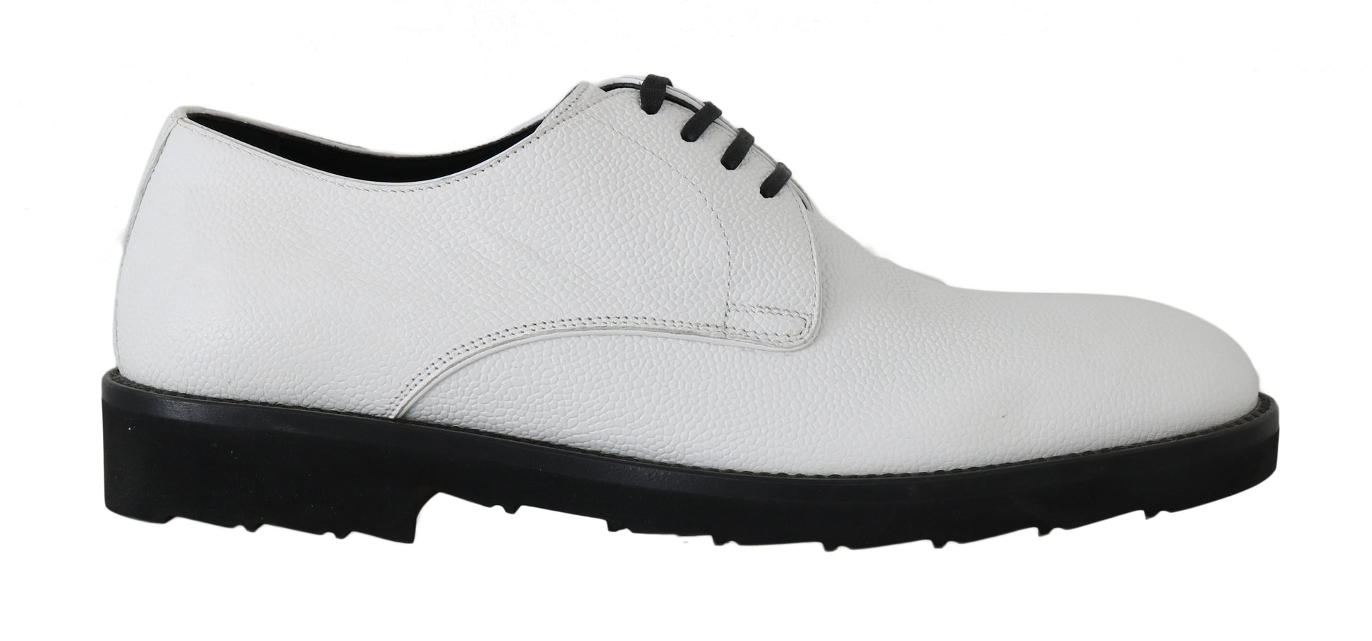 White men's dress shoes with black laces and soles
