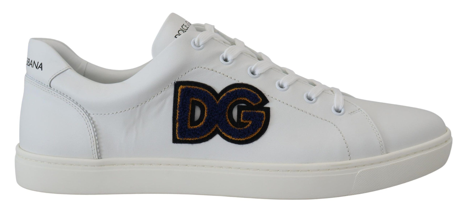 White sneakers with black logo on side and sole