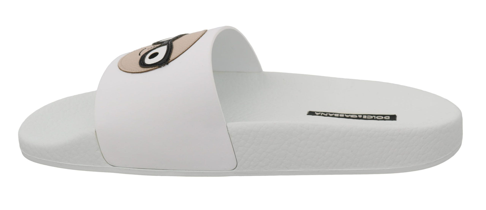 White flip flops with a brown logo on the strap