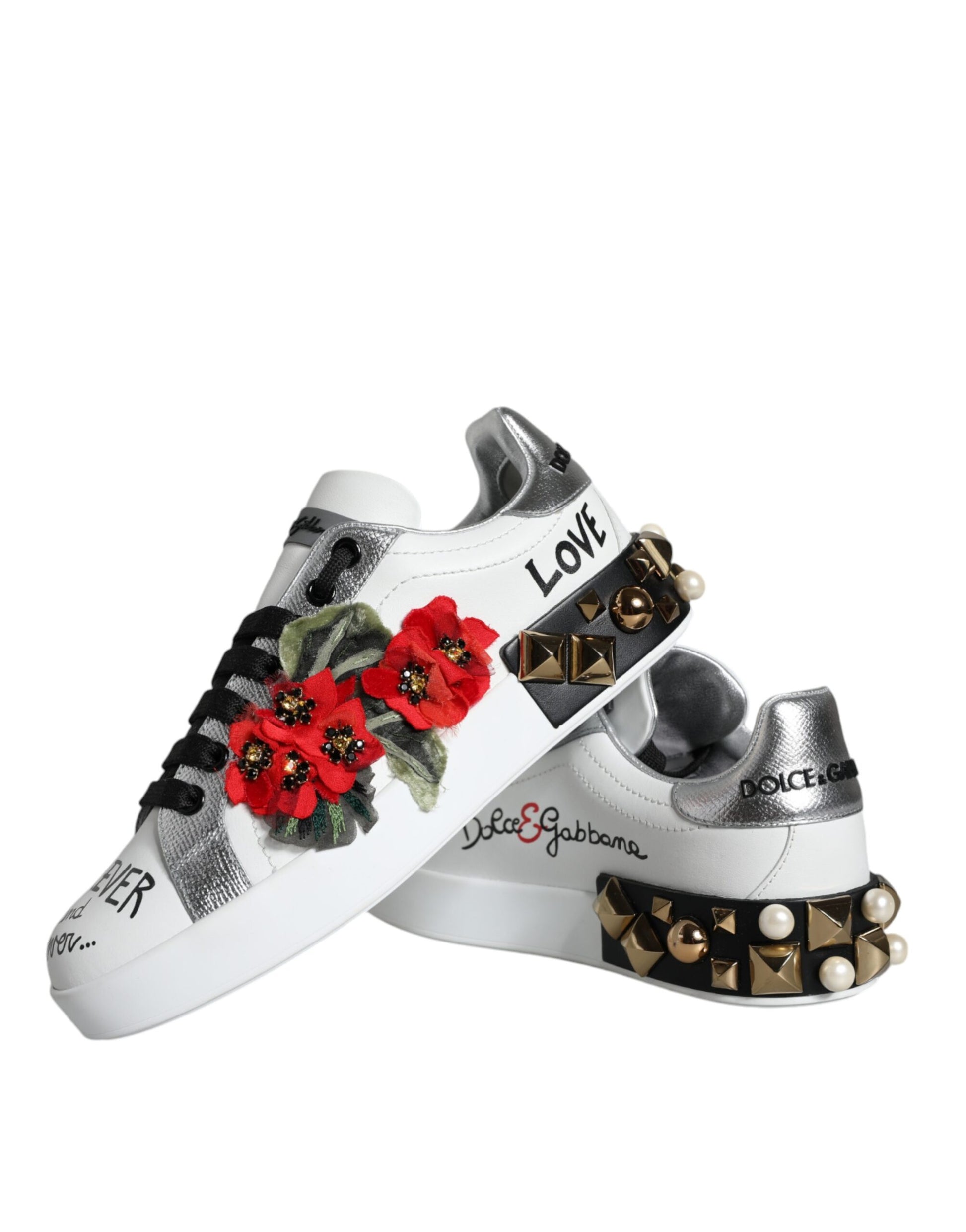 Pair of sneakers with floral embroidery and studded details