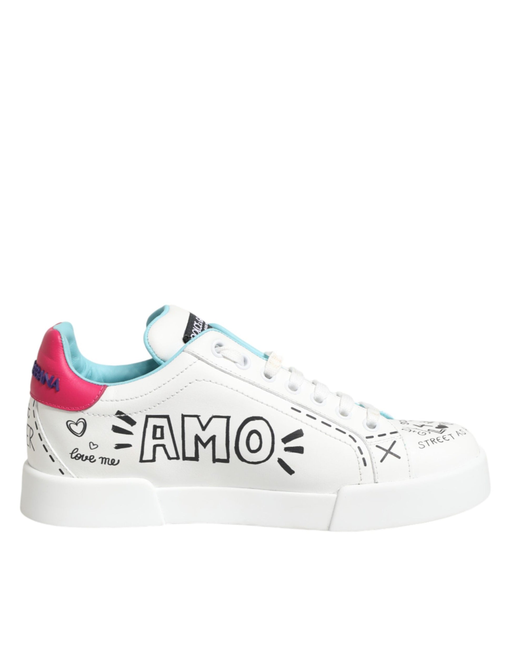 White sneaker with pink and blue accents, featuring handwritten signatures and hearts