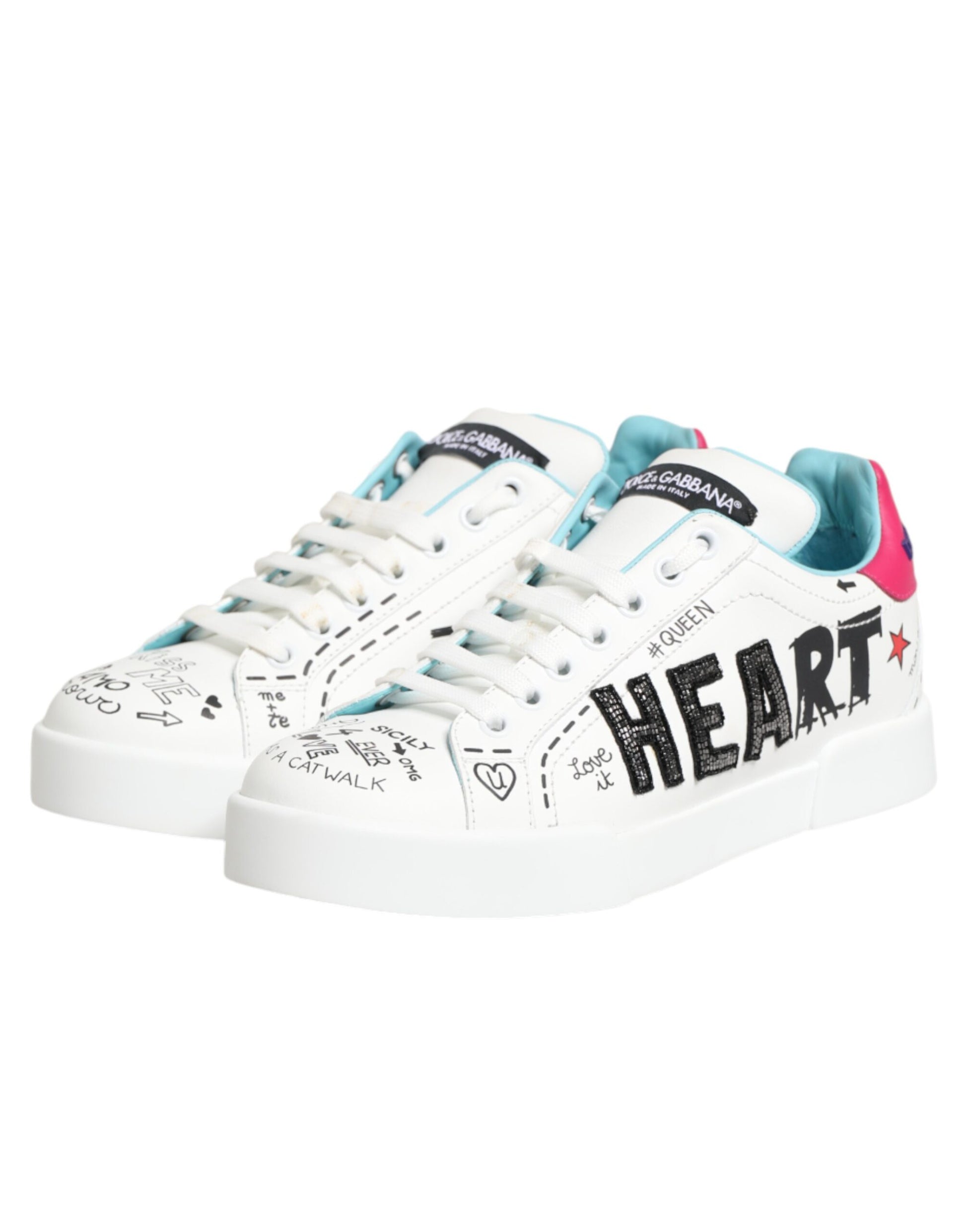 White sneakers with colorful designs and text