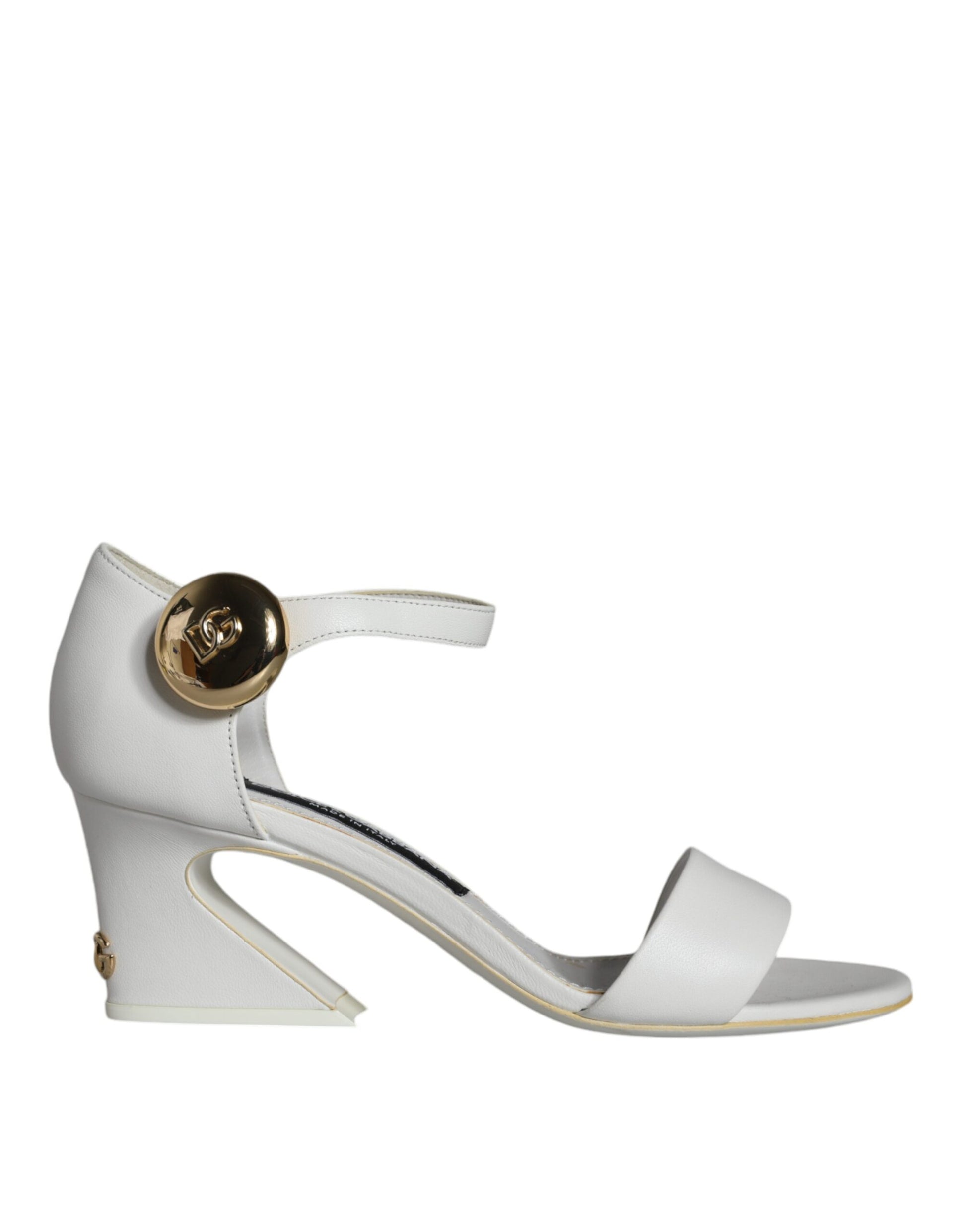 White high heel sandal with gold buckle