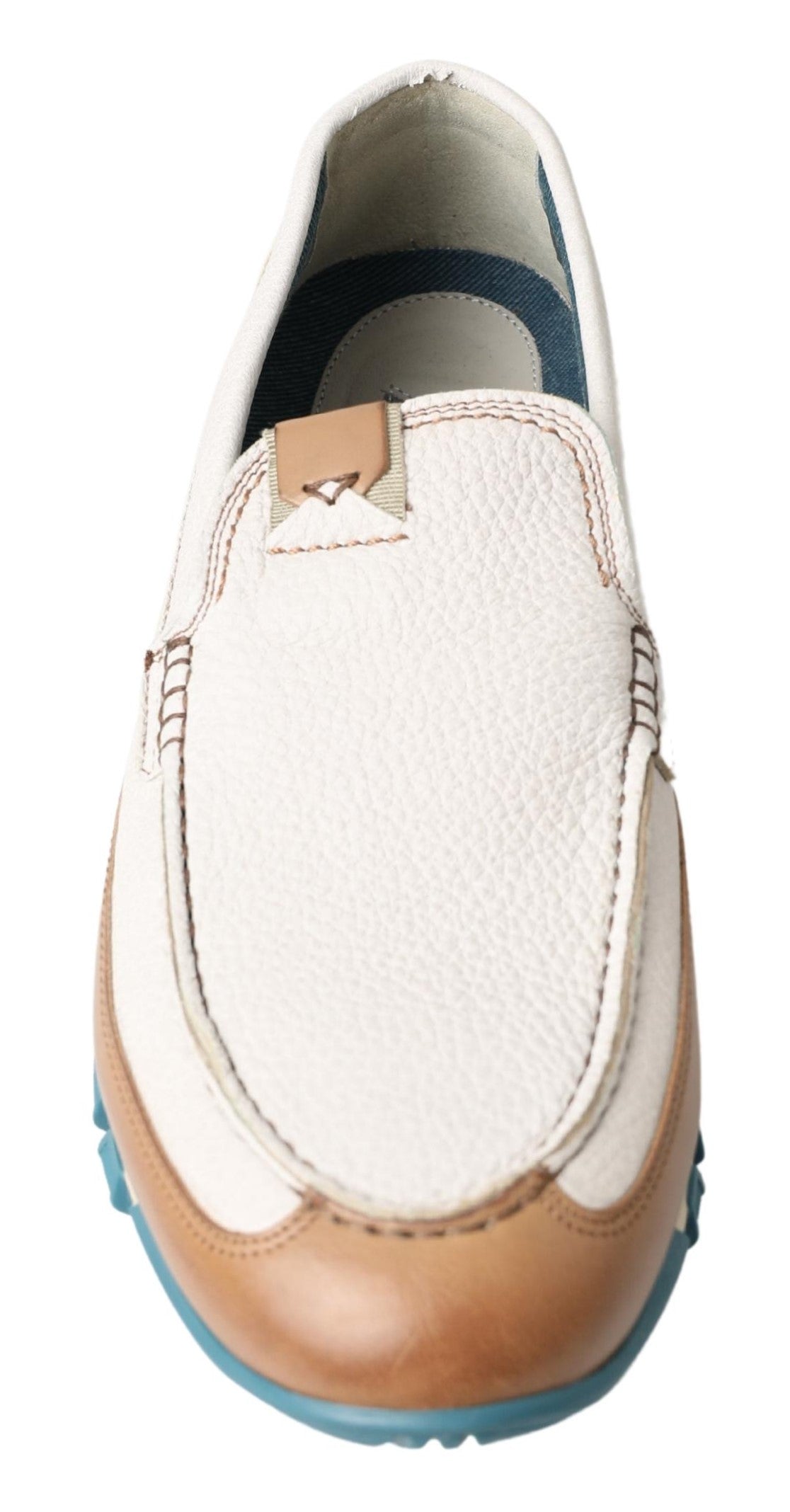 Brown leather loafer shoe with blue sole